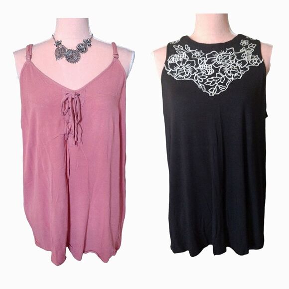 Torrid Pink And Black White Embroidered Tank Tops Size Large Bundle of 2 - Picture 1 of 15